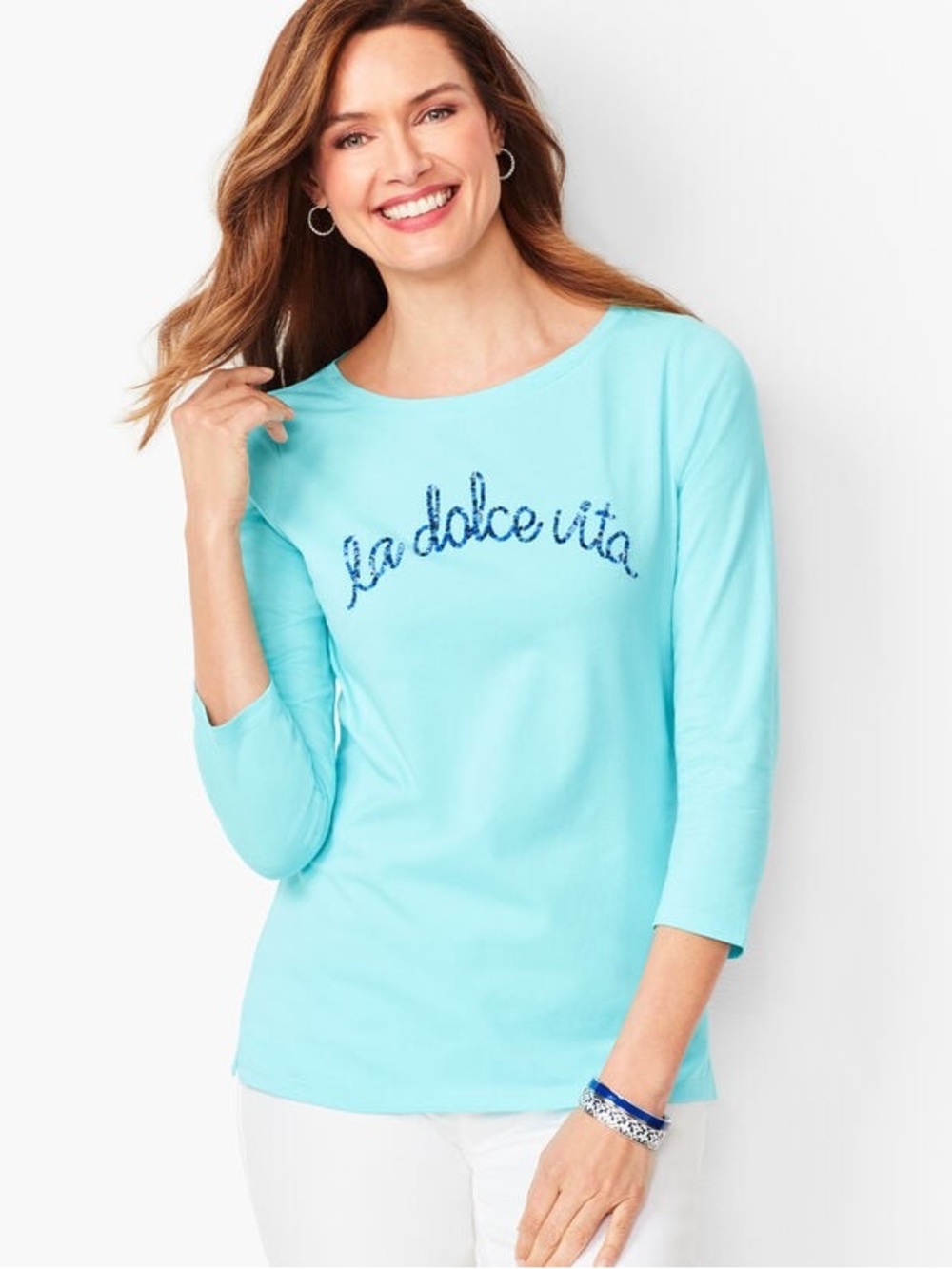 Talbot’s Petite Large La Dolce Vita Aqua Blue Embellished Graphic Tee